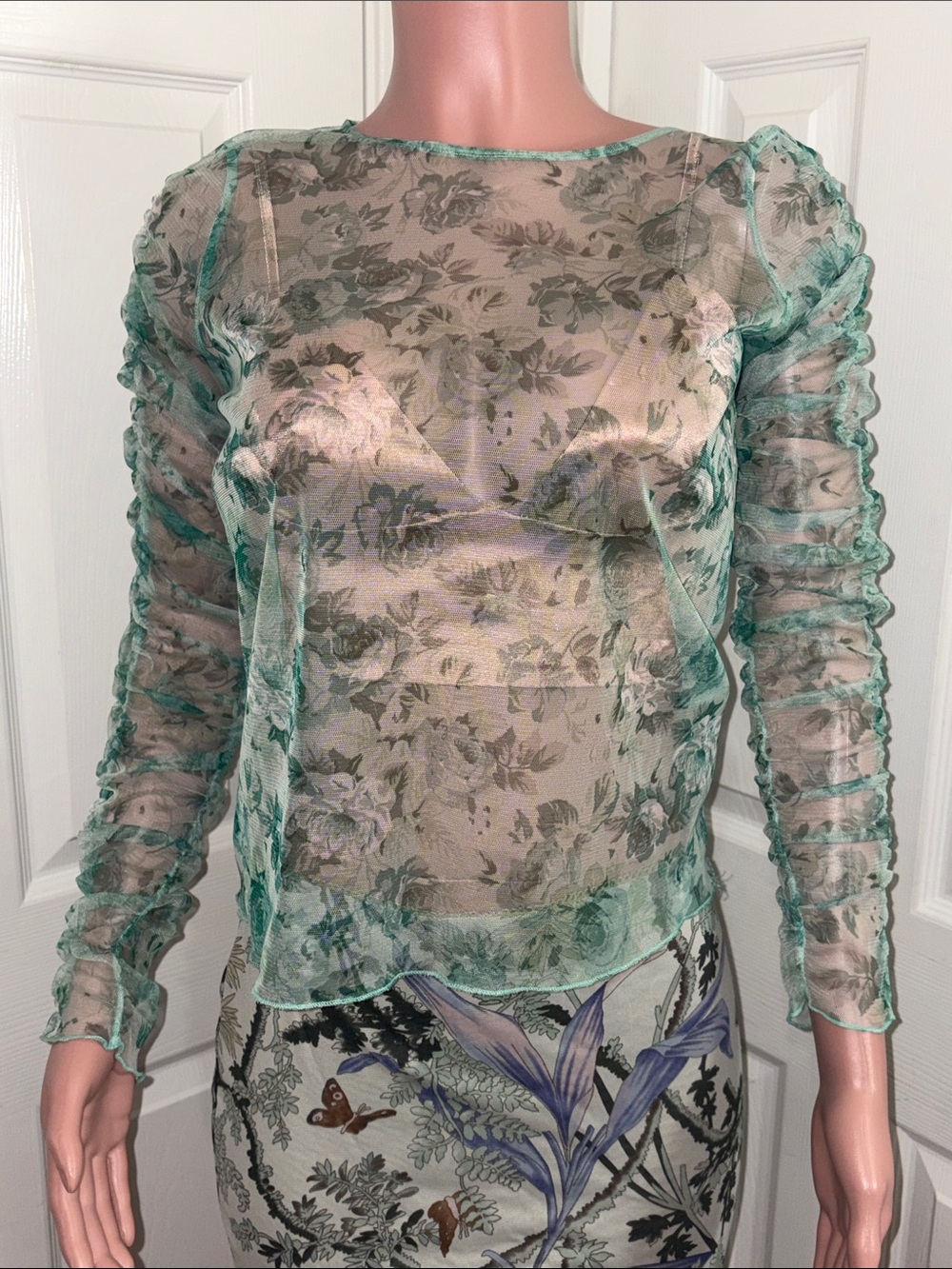 Zara Sheer Mint Green Floral Mesh Blouse